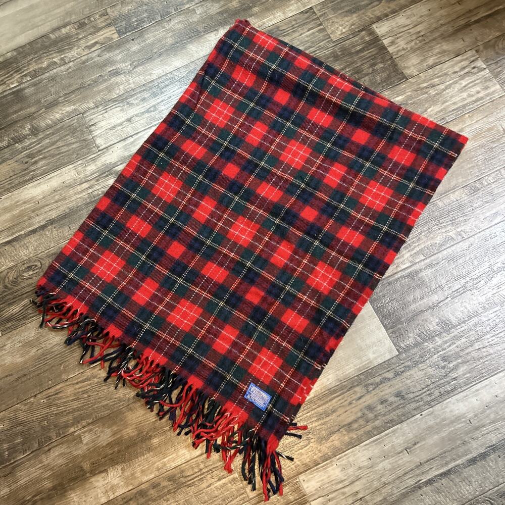 Vtg c.1960s-70s Pendleton Wool Plaid Throw Blanket Red Green Blue Free Shipping
